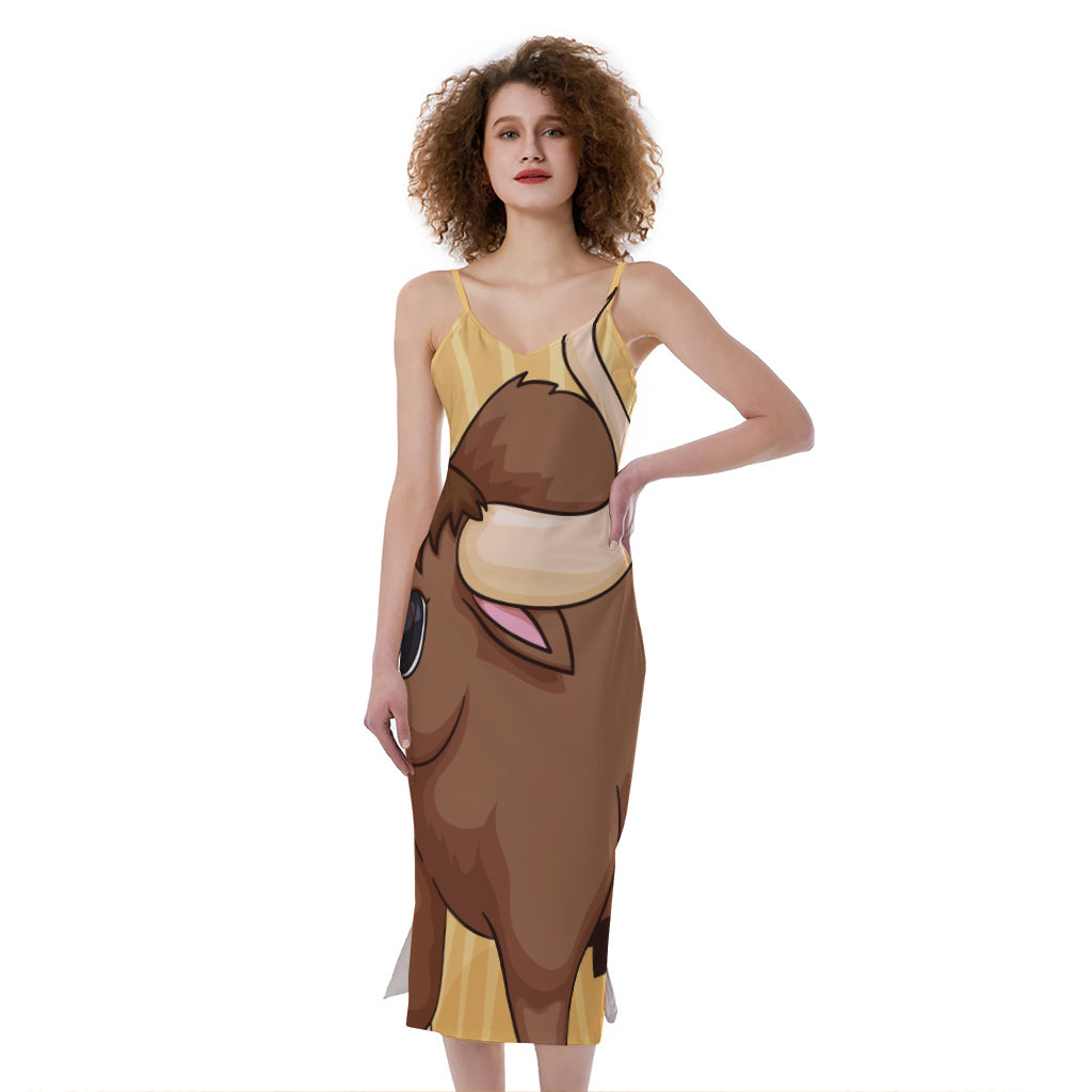 Cute Chinese Ox Zodiac Print Slim Fit Midi Cami Dress