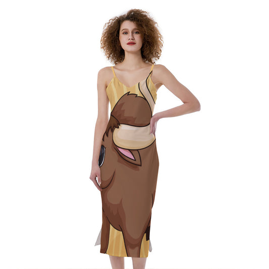 Cute Chinese Ox Zodiac Print Slim Fit Midi Cami Dress