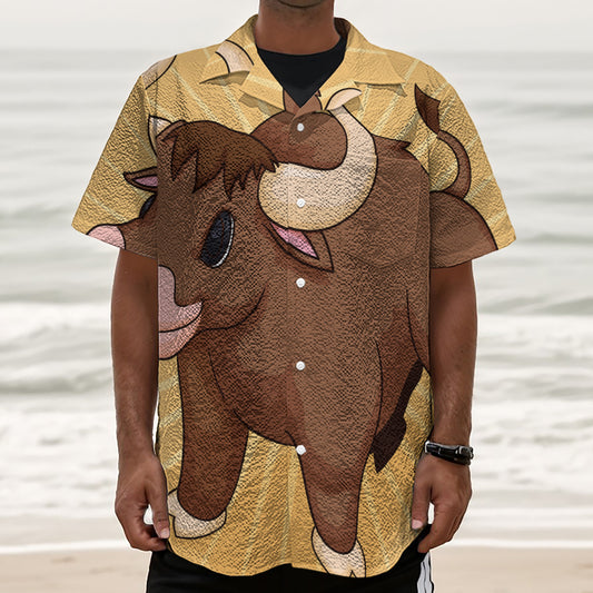 Cute Chinese Ox Zodiac Print Textured Short Sleeve Shirt