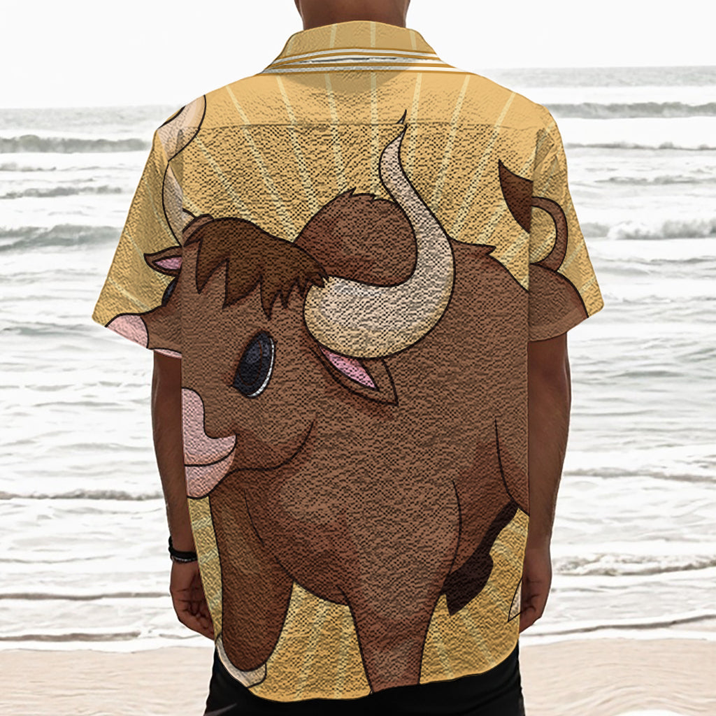 Cute Chinese Ox Zodiac Print Textured Short Sleeve Shirt