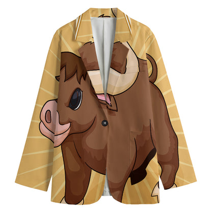 Cute Chinese Ox Zodiac Print Women's Cotton Blazer