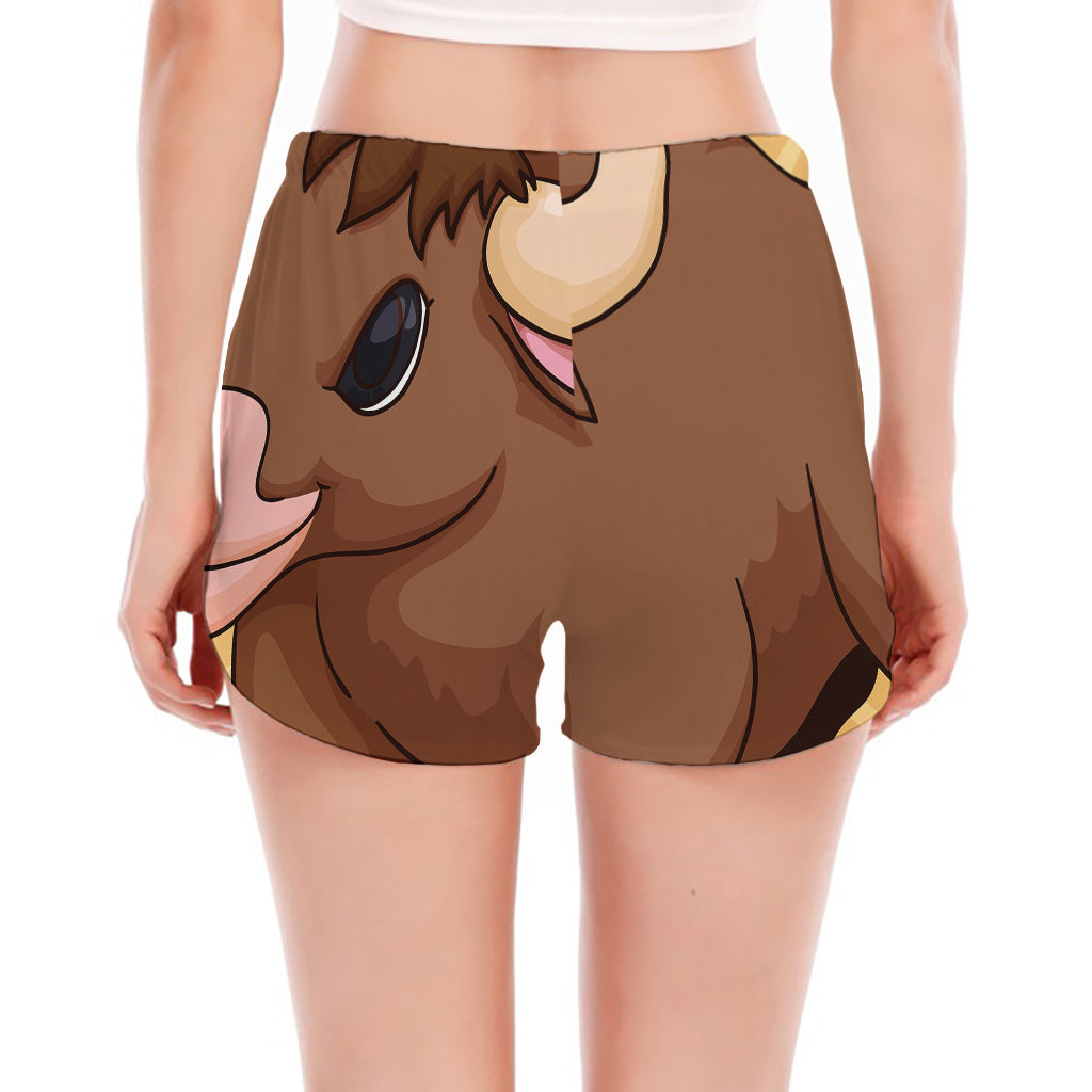 Cute Chinese Ox Zodiac Print Women's Split Running Shorts