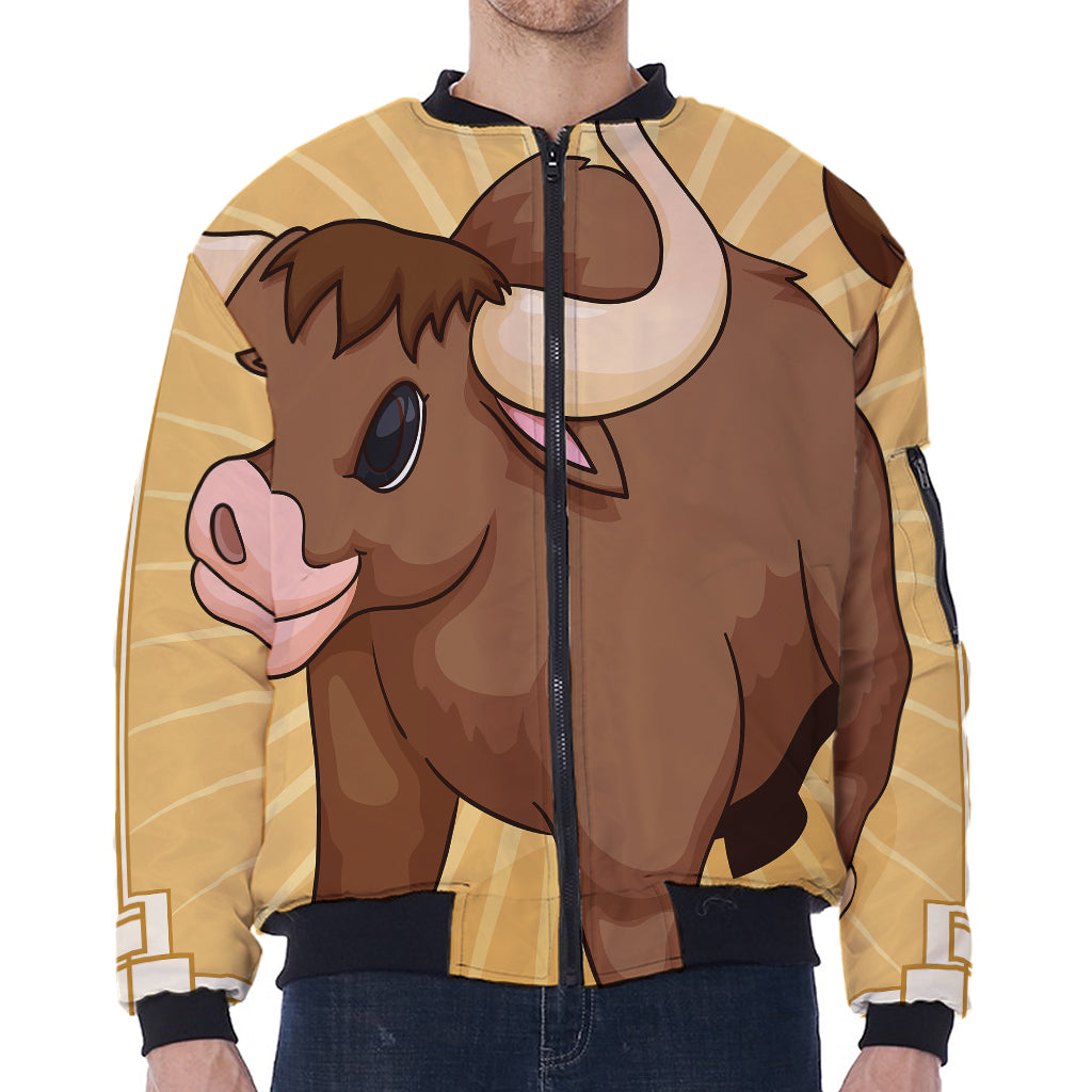 Cute Chinese Ox Zodiac Print Zip Sleeve Bomber Jacket