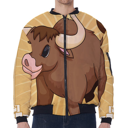 Cute Chinese Ox Zodiac Print Zip Sleeve Bomber Jacket