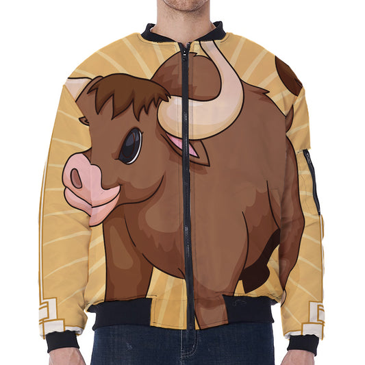 Cute Chinese Ox Zodiac Print Zip Sleeve Bomber Jacket