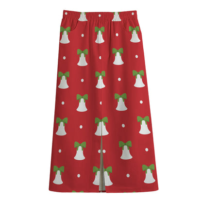 Cute Christmas Bell Pattern Print Cotton Front Slit Maxi Skirt