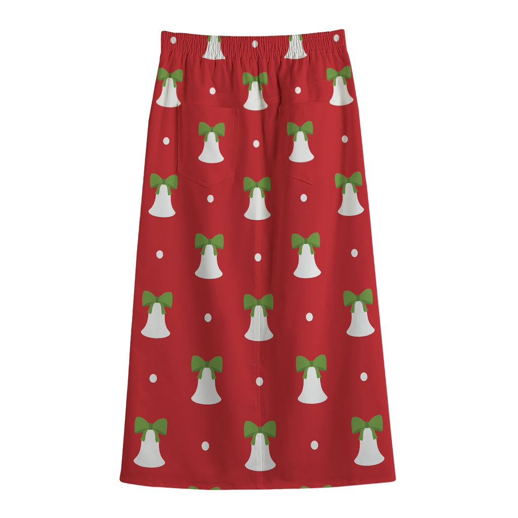 Cute Christmas Bell Pattern Print Cotton Front Slit Maxi Skirt