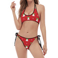 Cute Christmas Bell Pattern Print Halter Scoop Tie Side Bikini