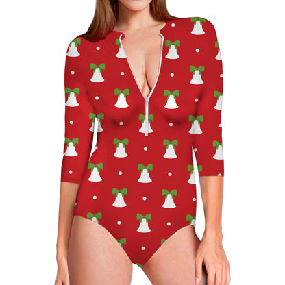 Cute Christmas Bell Pattern Print Long Sleeve Swimsuit