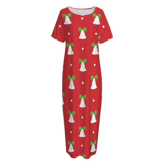 Cute Christmas Bell Pattern Print Short Sleeve Long Nightdress