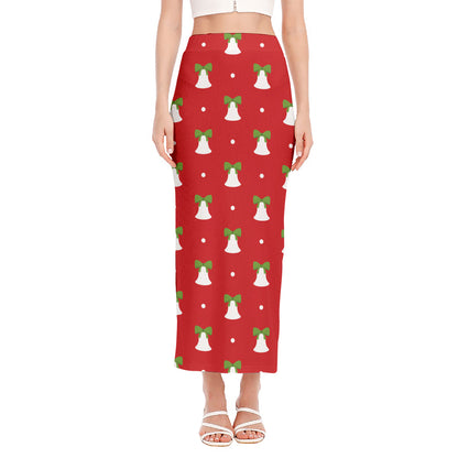 Cute Christmas Bell Pattern Print Side Slit Maxi Skirt