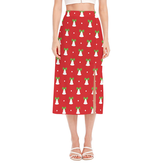 Cute Christmas Bell Pattern Print Side Slit Midi Skirt