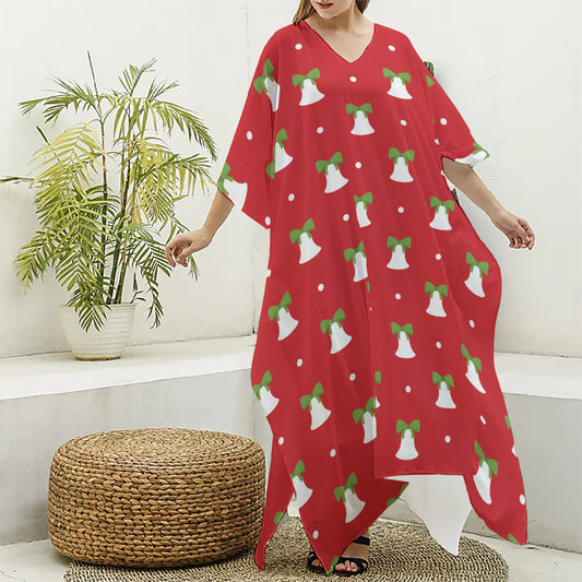Cute Christmas Bell Pattern Print Silk V-Neck Kaftan Dress