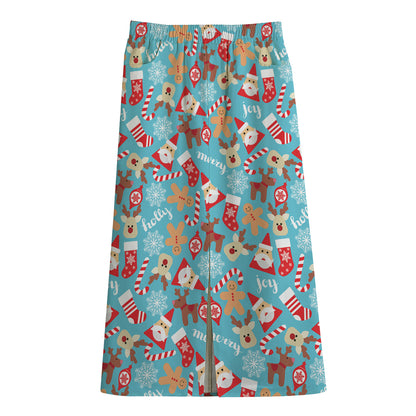 Cute Christmas Elements Pattern Print Cotton Front Slit Maxi Skirt
