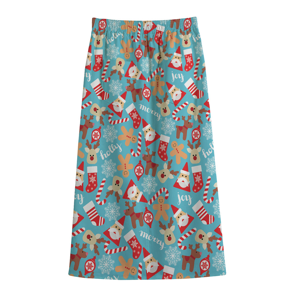 Cute Christmas Elements Pattern Print Cotton Front Slit Maxi Skirt