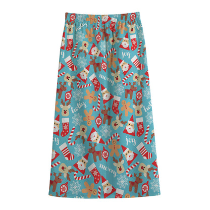 Cute Christmas Elements Pattern Print Cotton Front Slit Maxi Skirt