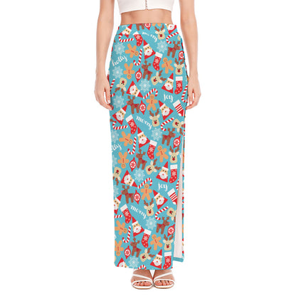 Cute Christmas Elements Pattern Print High Slit Maxi Skirt