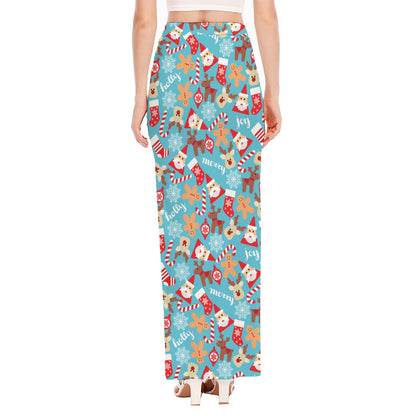 Cute Christmas Elements Pattern Print High Slit Maxi Skirt