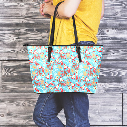 Cute Christmas Elements Pattern Print Leather Tote Bag