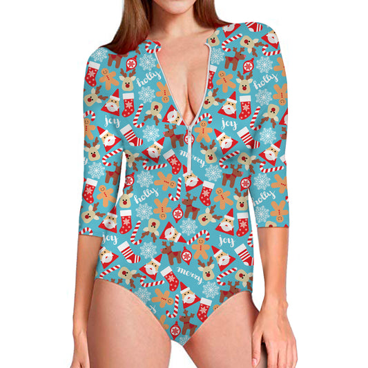 Cute Christmas Elements Pattern Print Long Sleeve Swimsuit