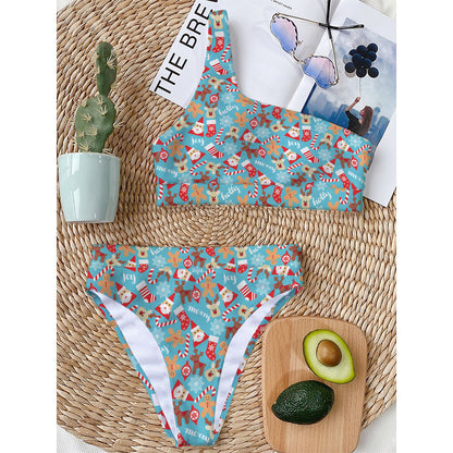 Cute Christmas Elements Pattern Print One Shoulder Bikini Top