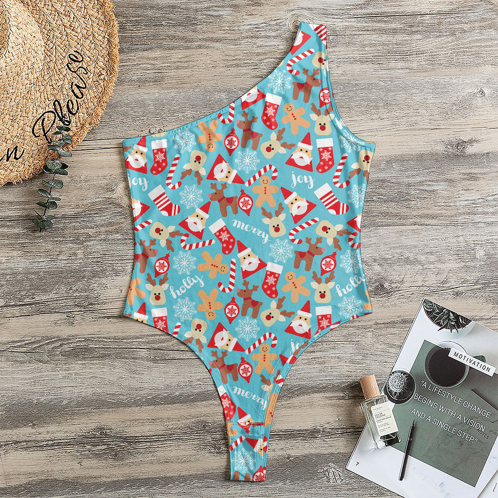 Cute Christmas Elements Pattern Print One Shoulder Bodysuit