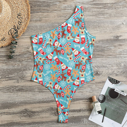 Cute Christmas Elements Pattern Print One Shoulder Bodysuit