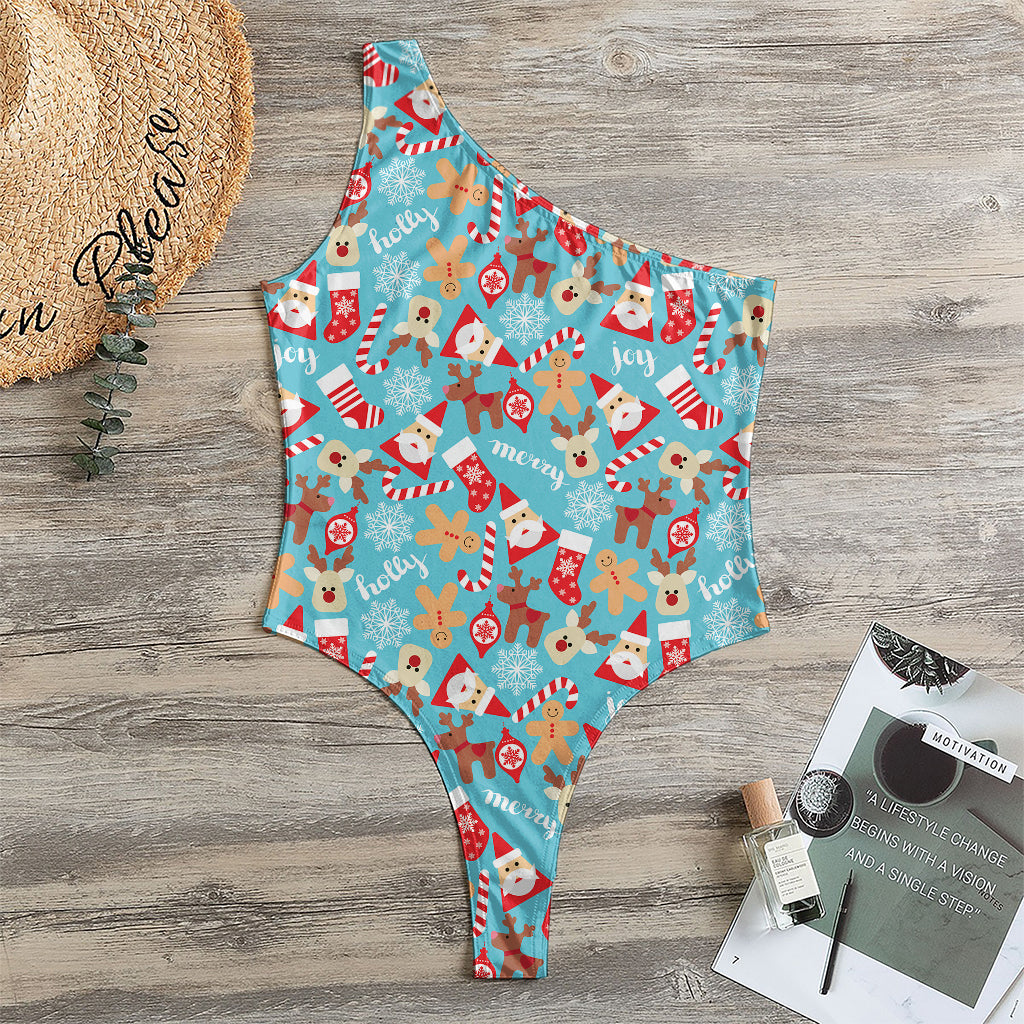 Cute Christmas Elements Pattern Print One Shoulder Bodysuit