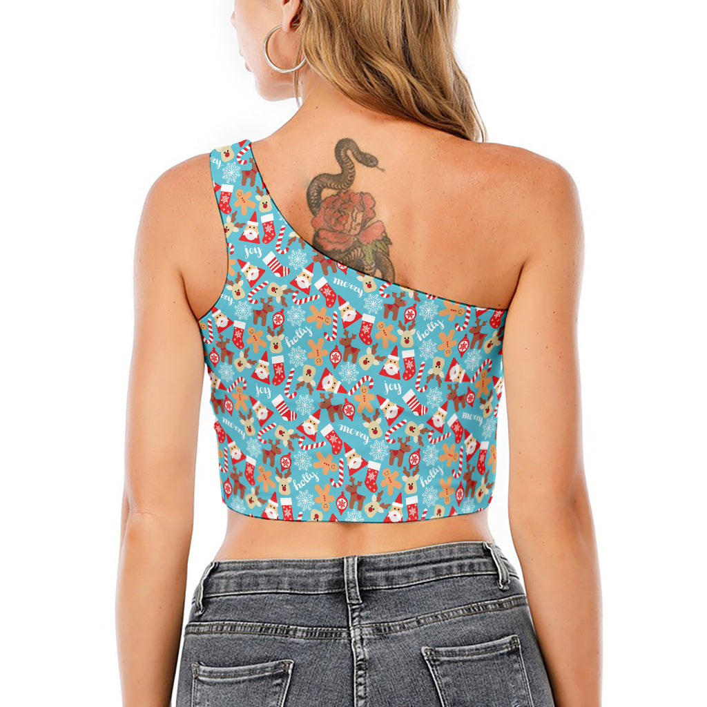 Cute Christmas Elements Pattern Print One Shoulder Crop Top
