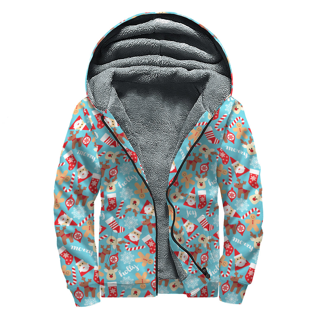 Cute Christmas Elements Pattern Print Sherpa Lined Zip Up Hoodie