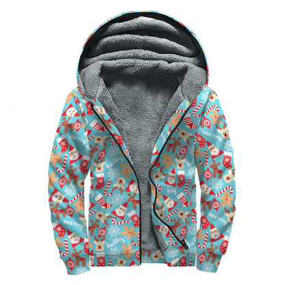 Cute Christmas Elements Pattern Print Sherpa Lined Zip Up Hoodie