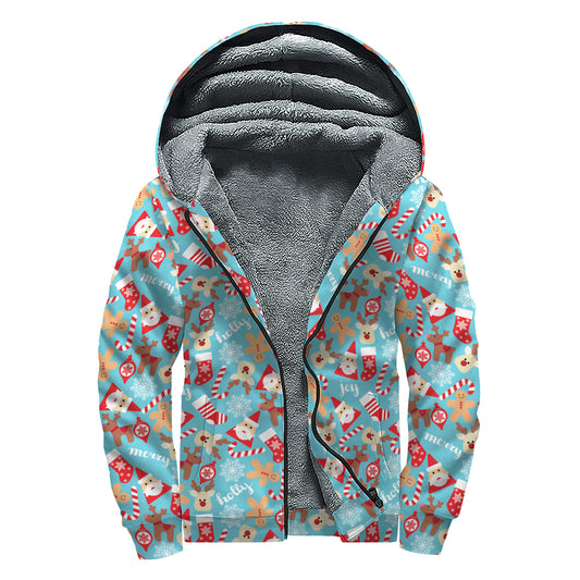 Cute Christmas Elements Pattern Print Sherpa Lined Zip Up Hoodie