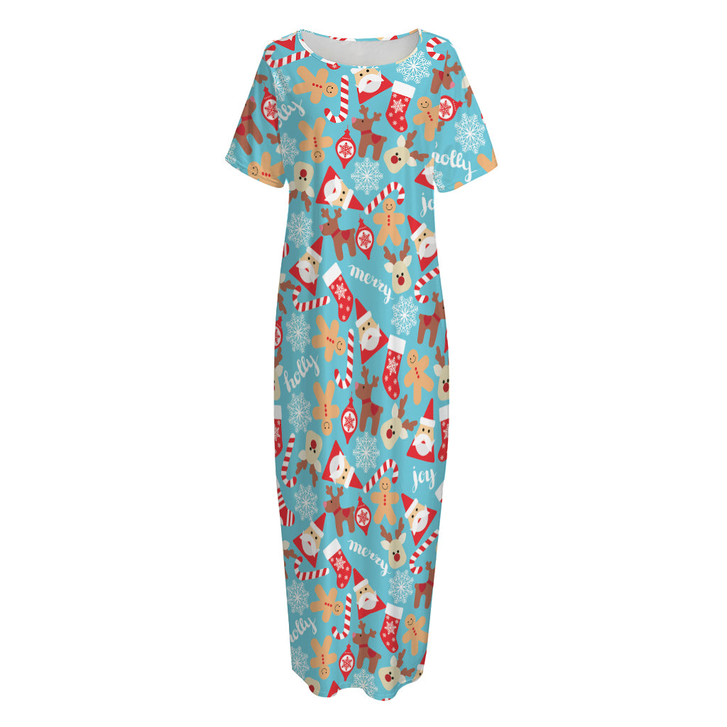 Cute Christmas Elements Pattern Print Short Sleeve Long Nightdress