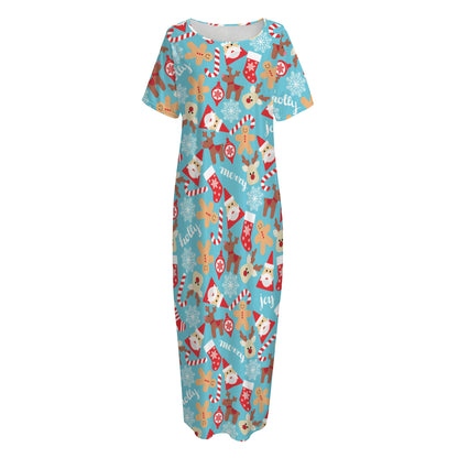 Cute Christmas Elements Pattern Print Short Sleeve Long Nightdress