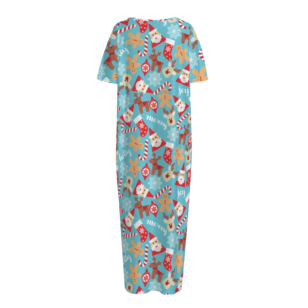 Cute Christmas Elements Pattern Print Short Sleeve Long Nightdress