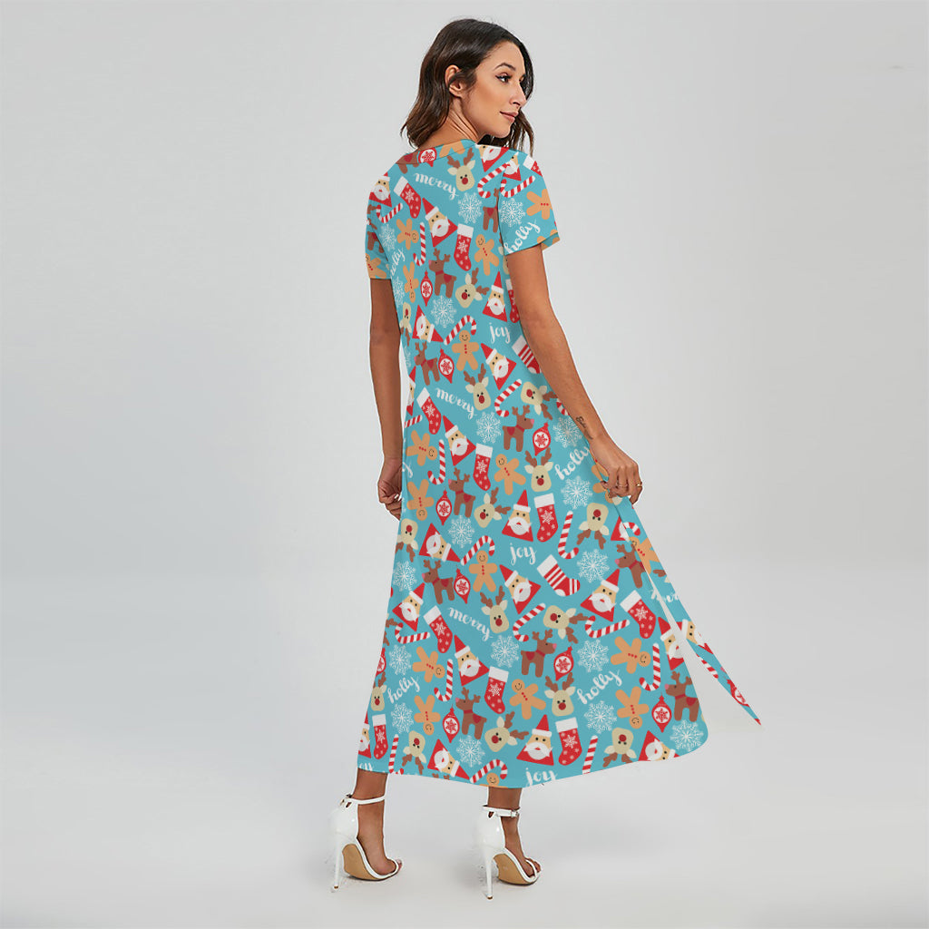 Cute Christmas Elements Pattern Print Short Sleeve Maxi Dress