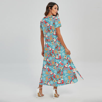 Cute Christmas Elements Pattern Print Short Sleeve Maxi Dress