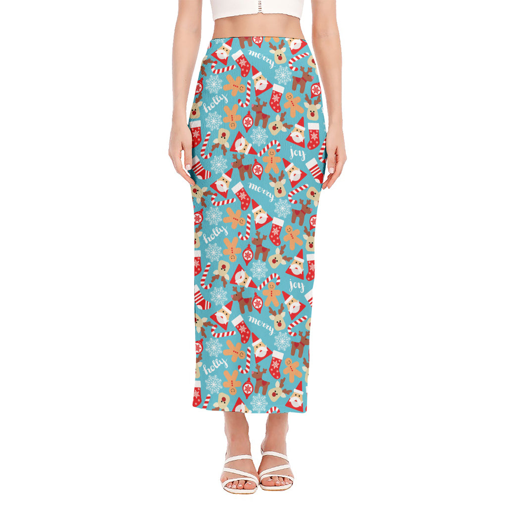 Cute Christmas Elements Pattern Print Side Slit Maxi Skirt