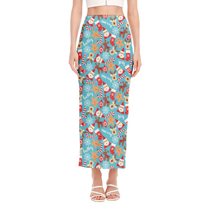 Cute Christmas Elements Pattern Print Side Slit Maxi Skirt