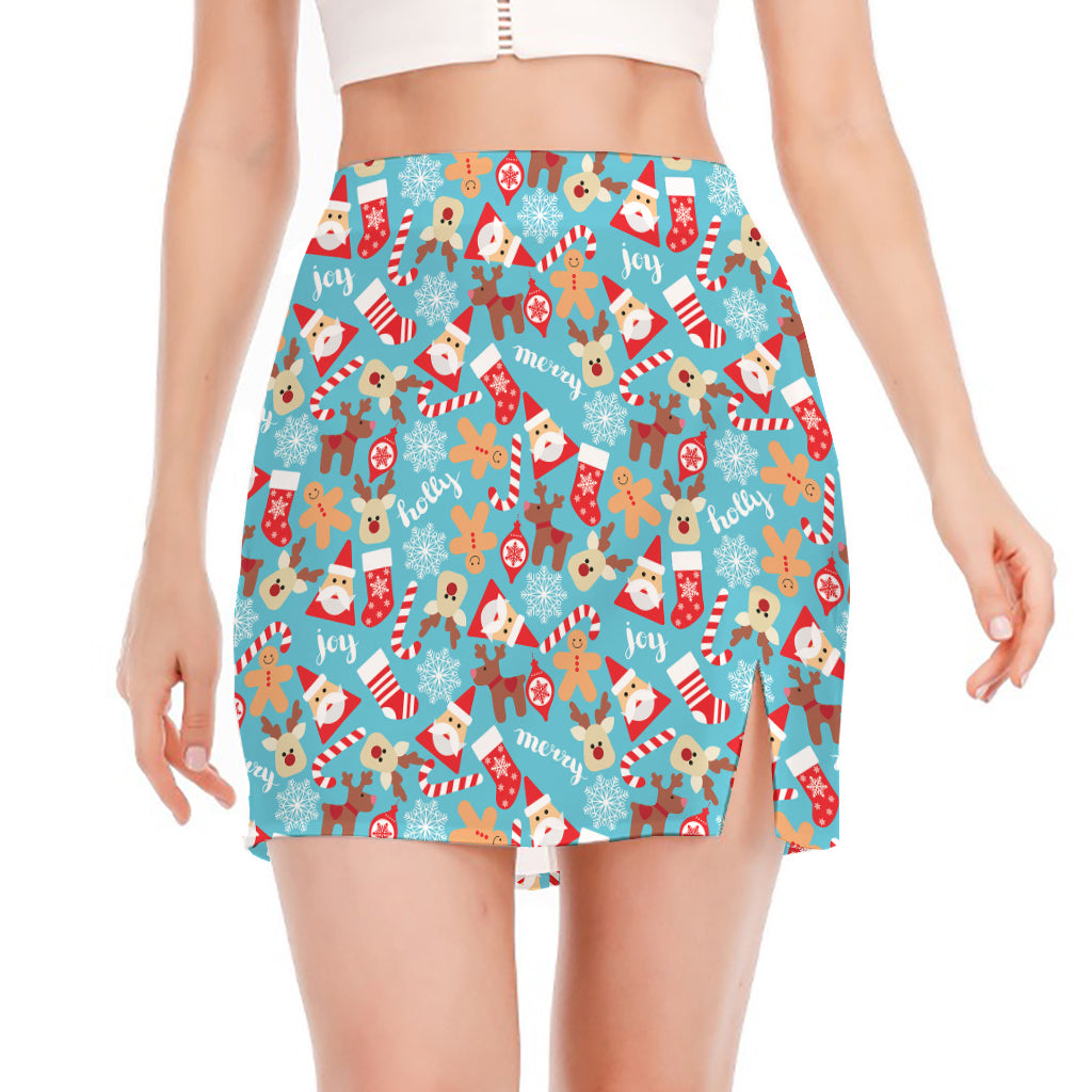Cute Christmas Elements Pattern Print Side Slit Mini Skirt