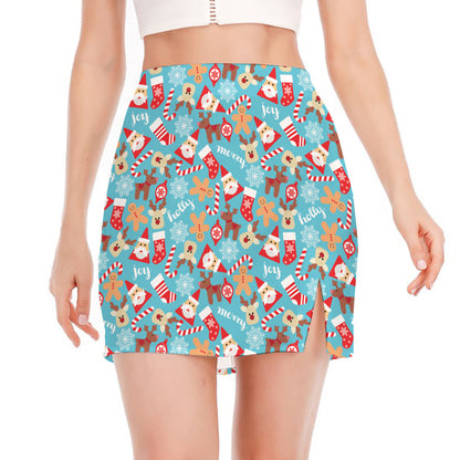 Cute Christmas Elements Pattern Print Side Slit Mini Skirt