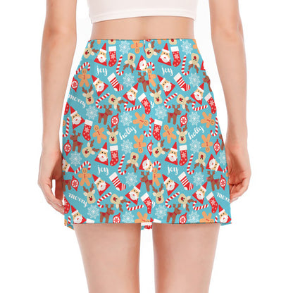 Cute Christmas Elements Pattern Print Side Slit Mini Skirt