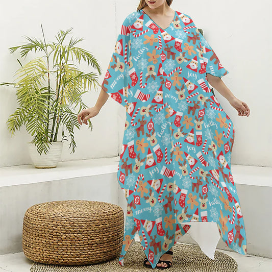 Cute Christmas Elements Pattern Print Silk V-Neck Kaftan Dress