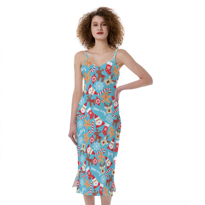 Cute Christmas Elements Pattern Print Slim Fit Midi Cami Dress