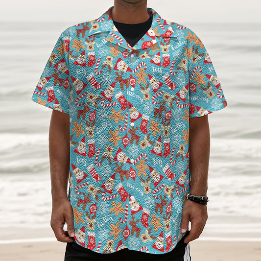 Cute Christmas Elements Pattern Print Textured Short Sleeve Shirt