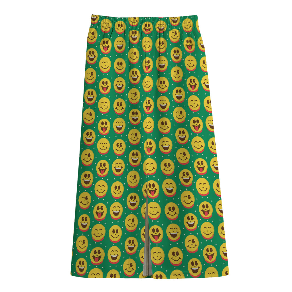 Cute Christmas Emoji Pattern Print Cotton Front Slit Maxi Skirt