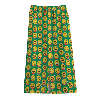 Cute Christmas Emoji Pattern Print Cotton Front Slit Maxi Skirt