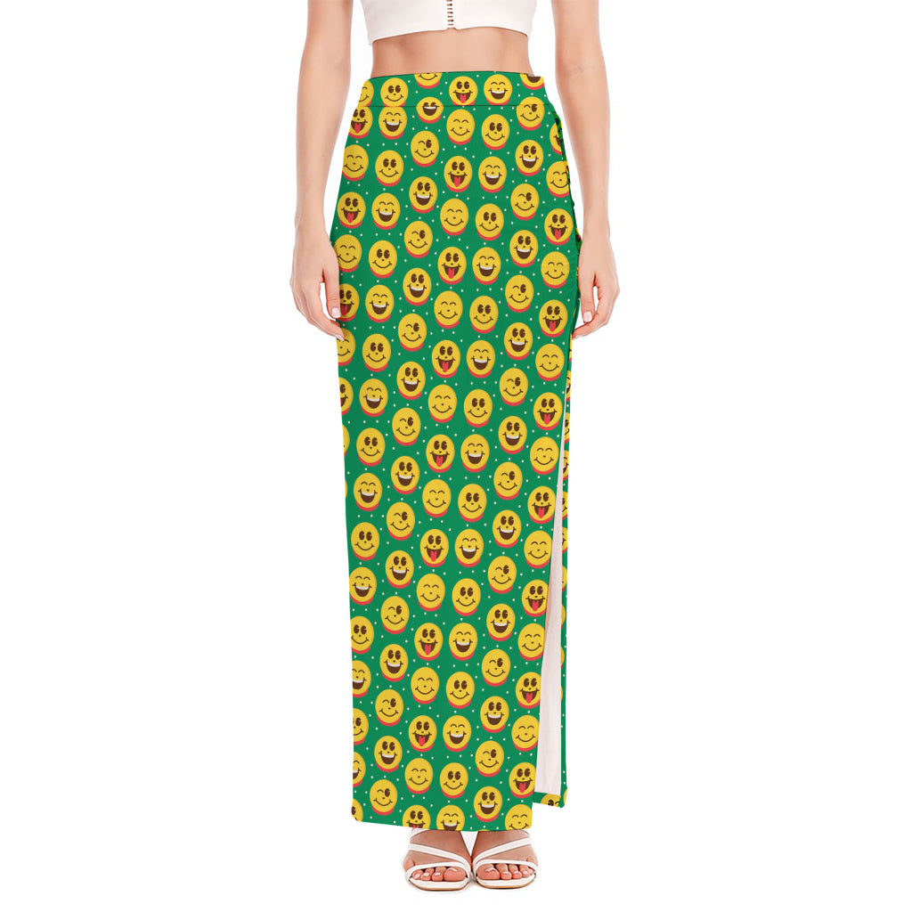 Cute Christmas Emoji Pattern Print High Slit Maxi Skirt