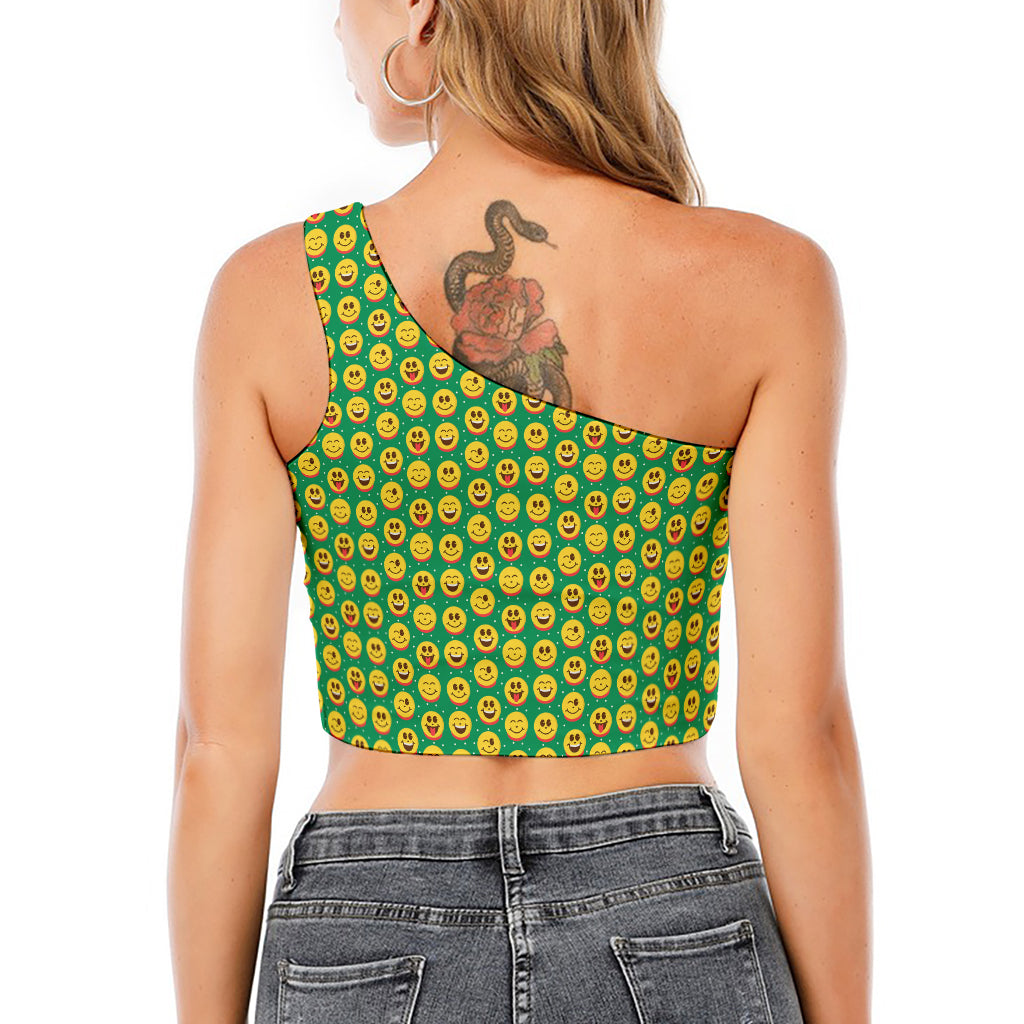 Cute Christmas Emoji Pattern Print One Shoulder Crop Top