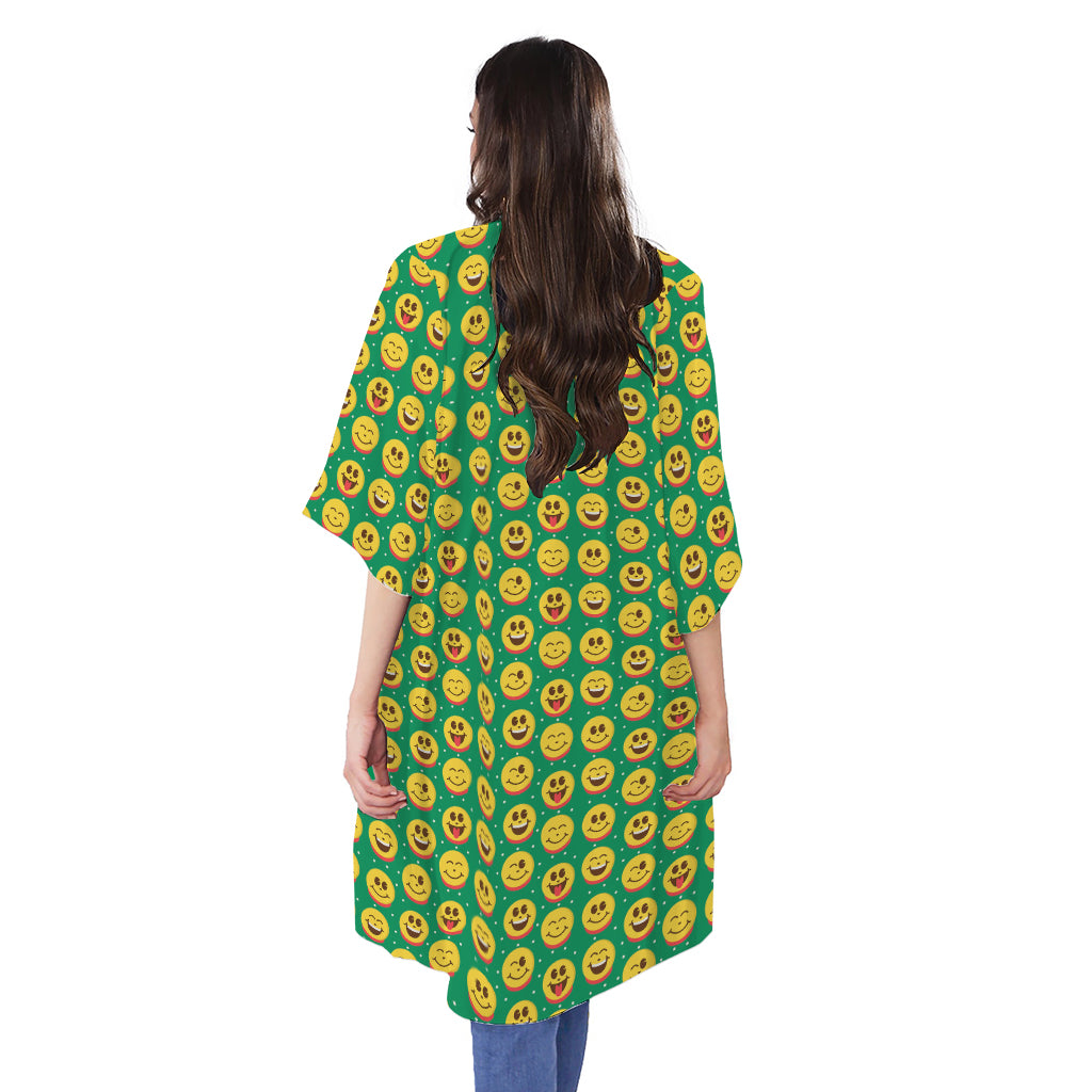 Cute Christmas Emoji Pattern Print Open Front Beach Cover Up